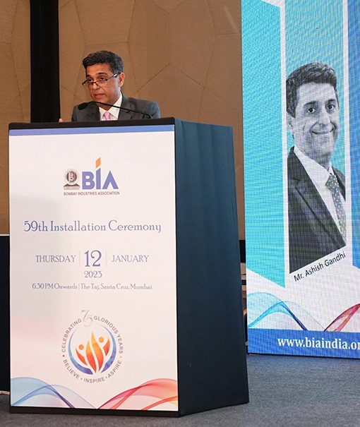 President Mr. Nevil Sanghvi at his installation ceremony introducing BIA 2022 theme - Ideate, Innovate, Implement